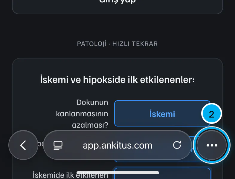 iPhone Safari'de app.ankitus.com açık; alt çubuğun sağındaki üç nokta düğmesi işaretli.