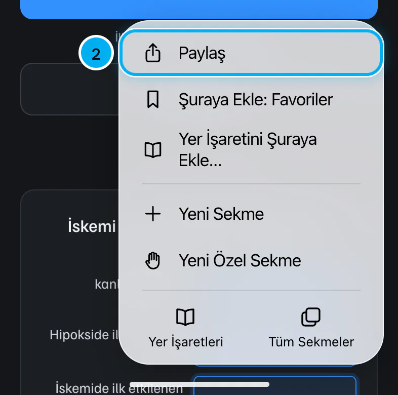 Safari'nin üç nokta menüsü açık; en üstteki Paylaş seçeneği işaretli.