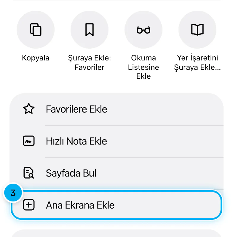 Paylaş sayfasında eylem listesi; Ana Ekrana Ekle satırı işaretli.