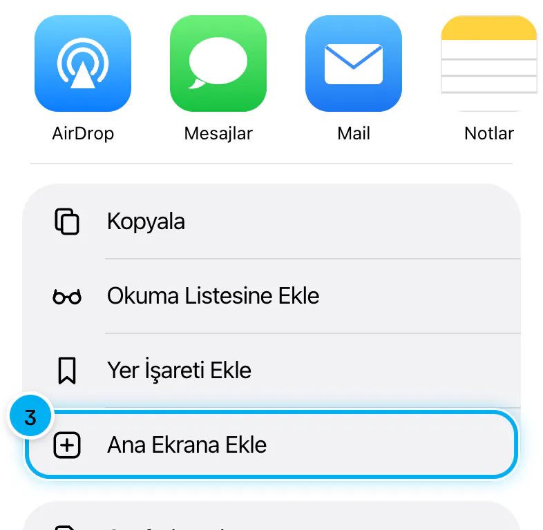 Chrome'un paylaş sayfası; Ana Ekrana Ekle satırı işaretli.
