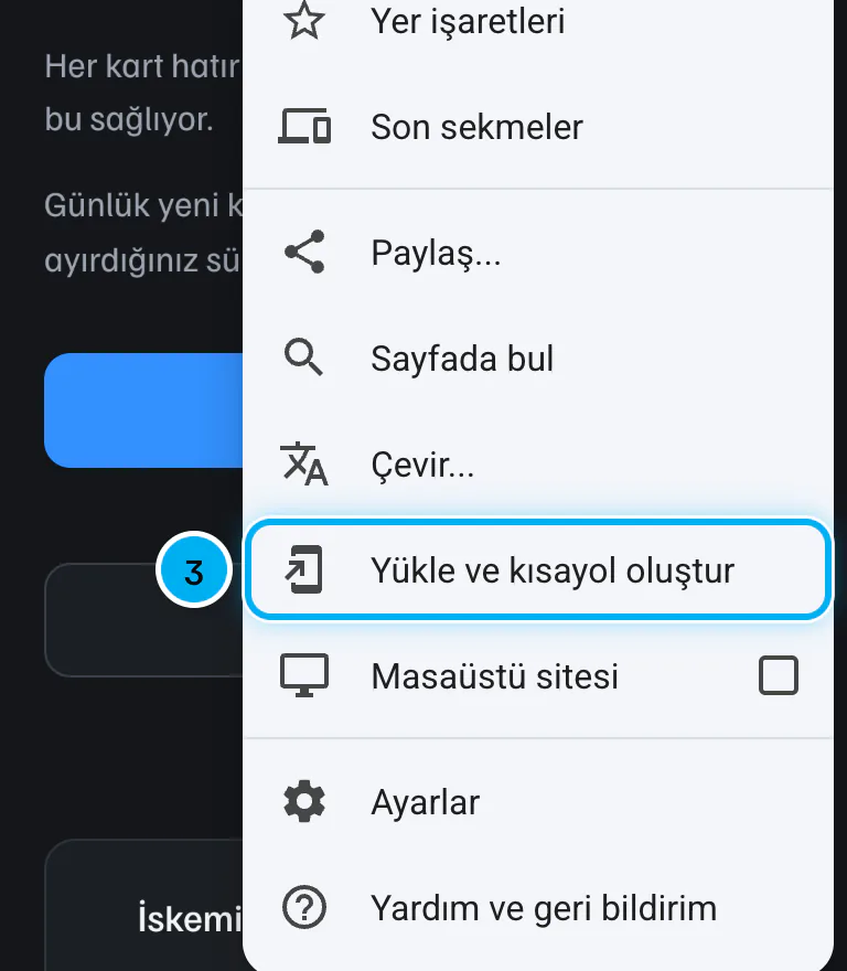 Chrome menüsü açık; Yükle ve kısayol oluştur seçeneği işaretli.