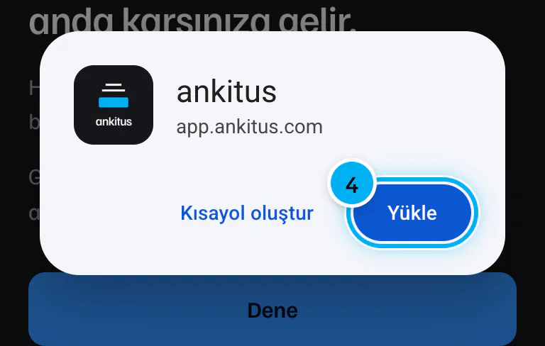 Uygulamayı yükleme penceresi; ad ankitus, Yükle düğmesi işaretli.