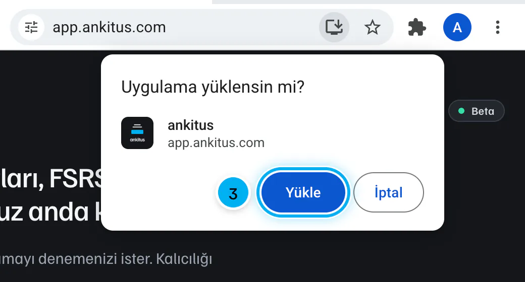 Chrome'un uygulama yükleme penceresi; ad ankitus, adres app.ankitus.com, Yükle düğmesi işaretli.